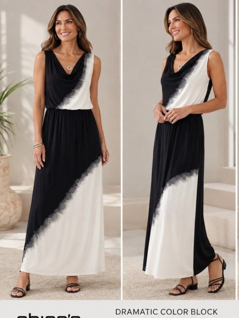 Chico’s Black Ecru Color Block Drape Neck Maxi Dress Size US 12/14 NWT
